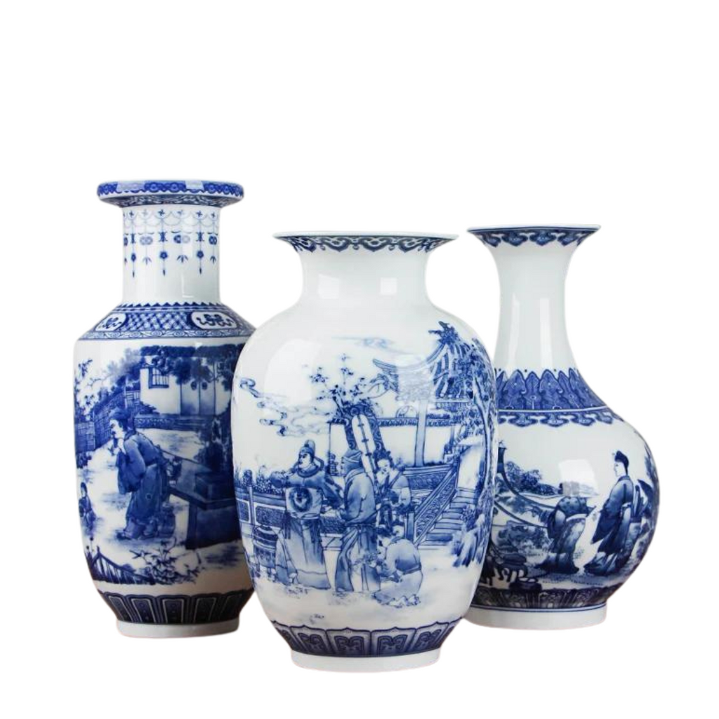 Classic antique blue and white ceramic vase with intricate traditional patterns used for home decor