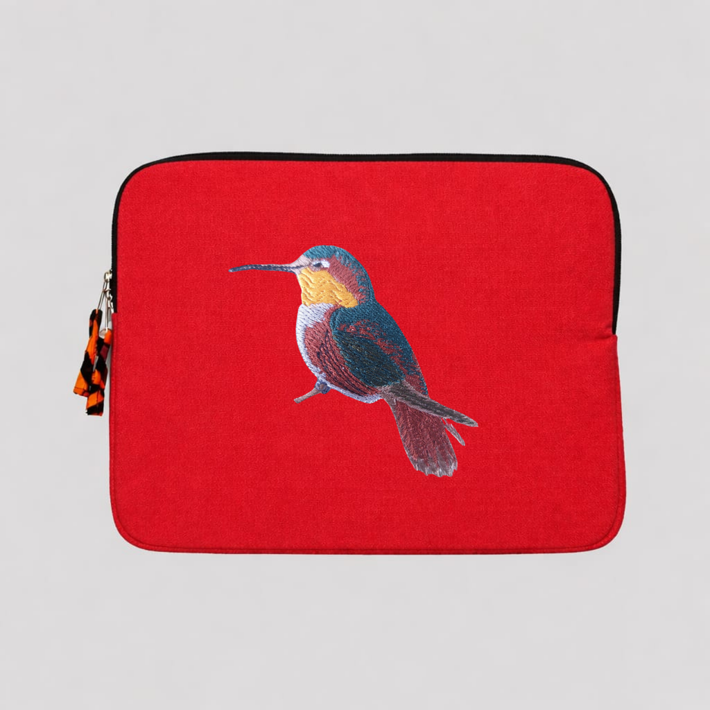 Handmade cotton canvas 13 inch laptop sleeve featuring detailed hummingbird embroidery in warm earthy tones — view 5