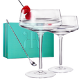 Two luxury clear glass 10oz martini coupes with an elegant silver mixing spoon for home bars