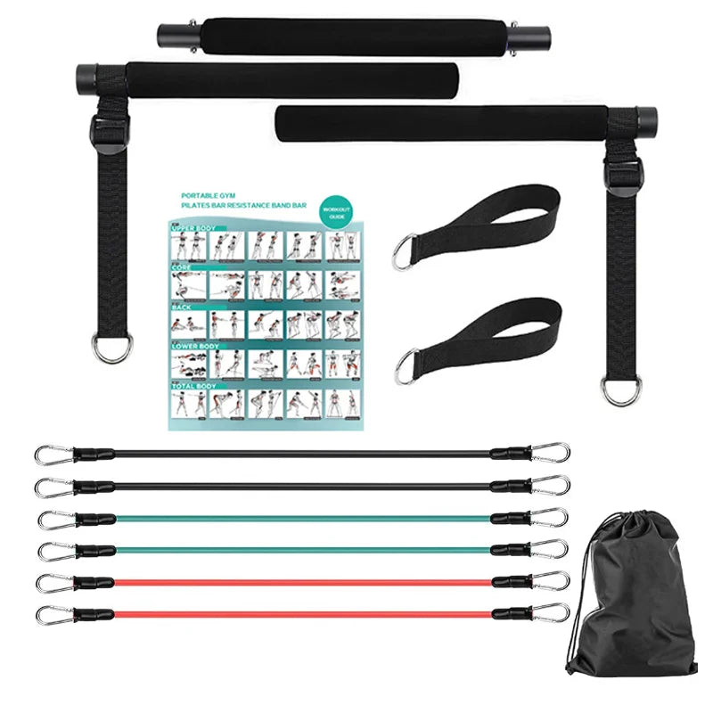 Black NNEOBA Pilates resistance band kit with steel bar, adjustable bands, and padded foot padded foot bands, and padded straps