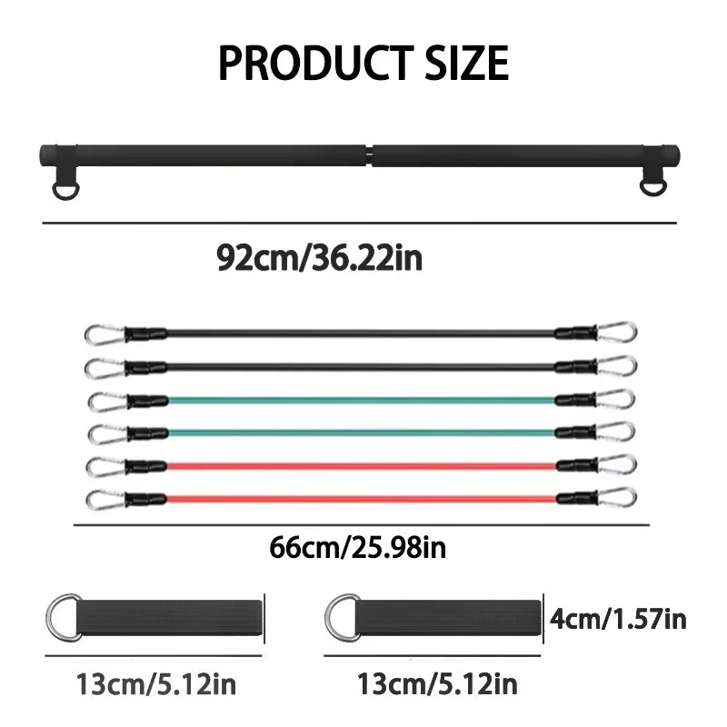 Black NNEOBA Pilates resistance band kit with steel bar, adjustable bands, and padded foot padded foot bands, and padded straps — view 2