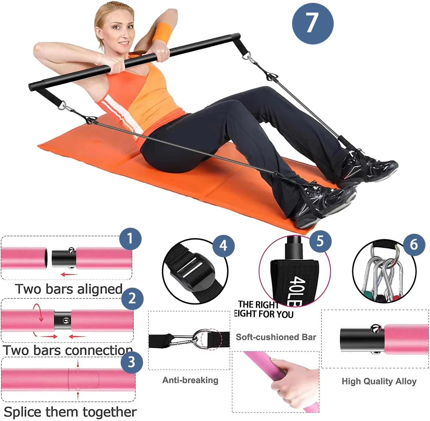 Black NNEOBA Pilates resistance band kit with steel bar, adjustable bands, and padded foot padded foot bands, and padded straps — view 4