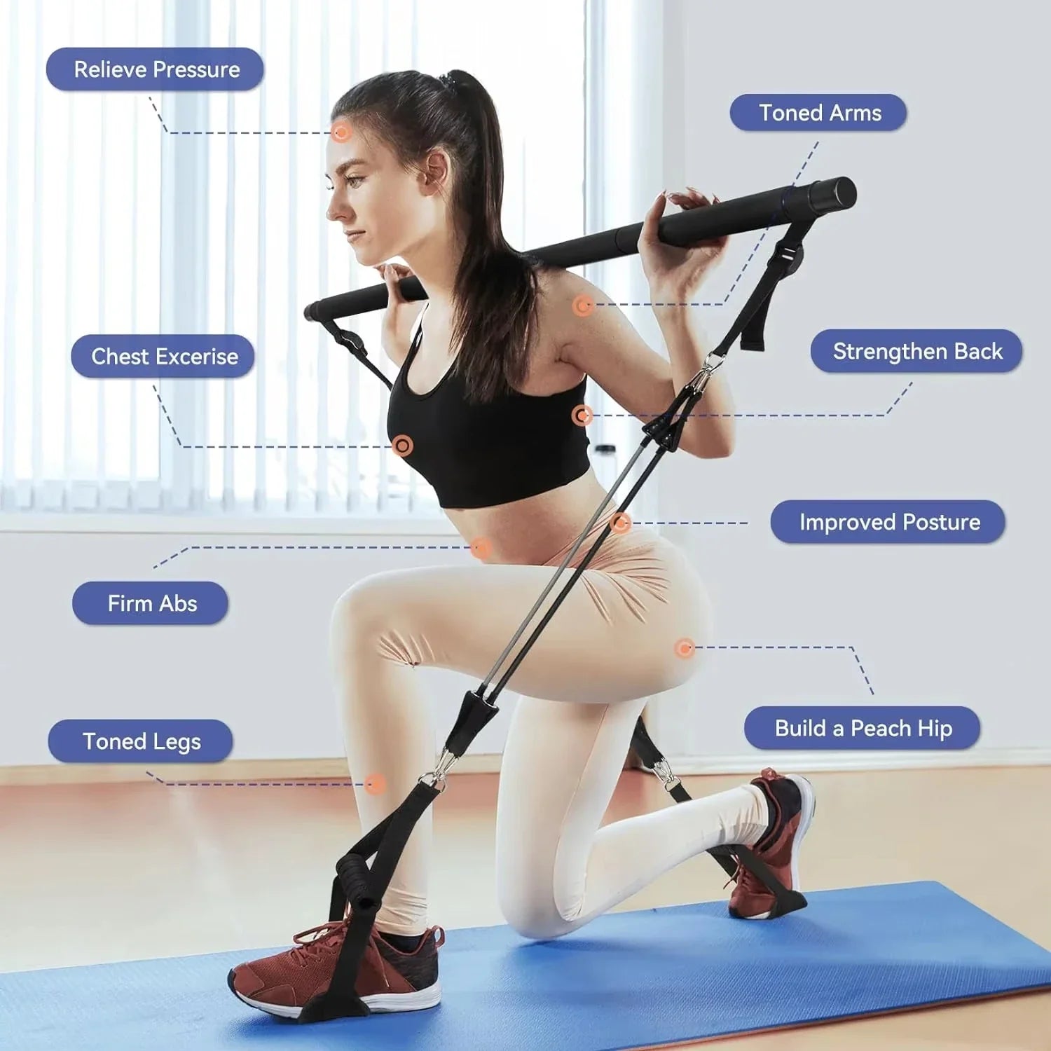 Black NNEOBA Pilates resistance band kit with steel bar, adjustable bands, and padded foot padded foot bands, and padded straps — view 3