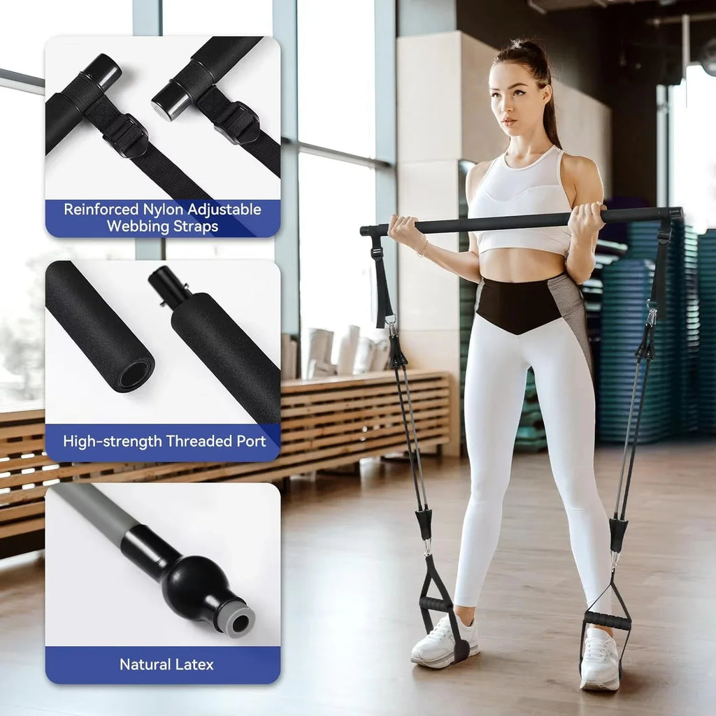 Black NNEOBA Pilates resistance band kit with steel bar, adjustable bands, and padded foot padded foot bands, and padded straps — view 5