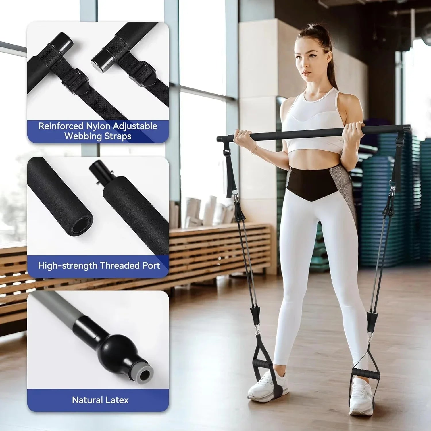 Black NNEOBA Pilates resistance band kit with steel bar, adjustable bands, and padded foot padded foot bands, and padded straps — view 5