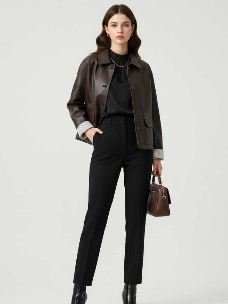Retro style women's PU leather jacket with classic collar and unique buckle closure in black — view 2