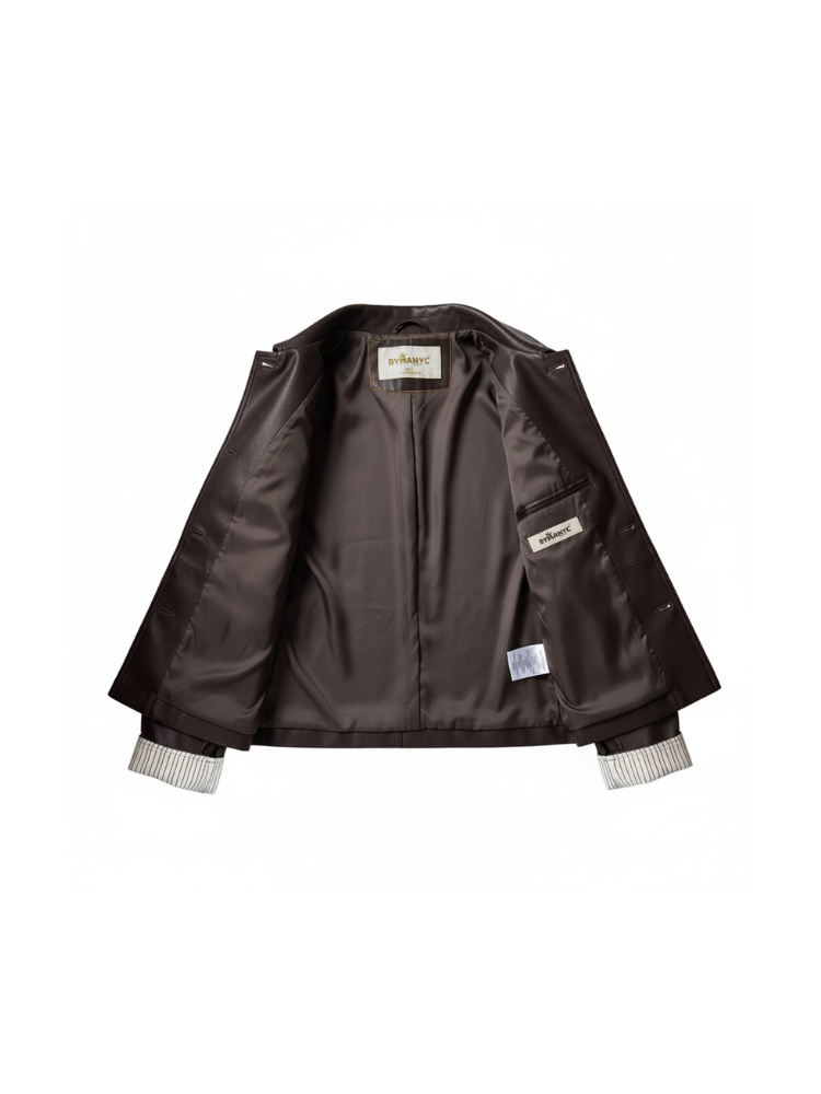 Retro style women's PU leather jacket with classic collar and unique buckle closure in black — view 3