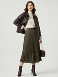 Retro style women's PU leather jacket with classic collar and unique buckle closure in black