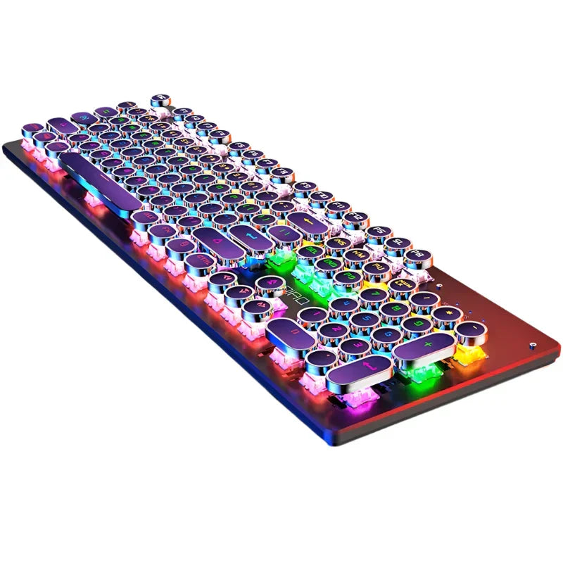 Retro punk mechanical gaming keyboard with round keys and vibrant RGB backlighting on a desk