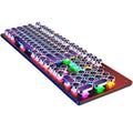 Retro punk mechanical gaming keyboard with round keys and vibrant RGB backlighting on a desk