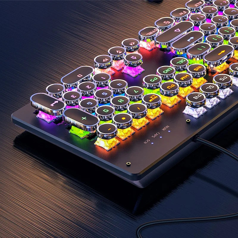 Retro punk mechanical gaming keyboard with round keys and vibrant RGB backlighting on a desk — view 3