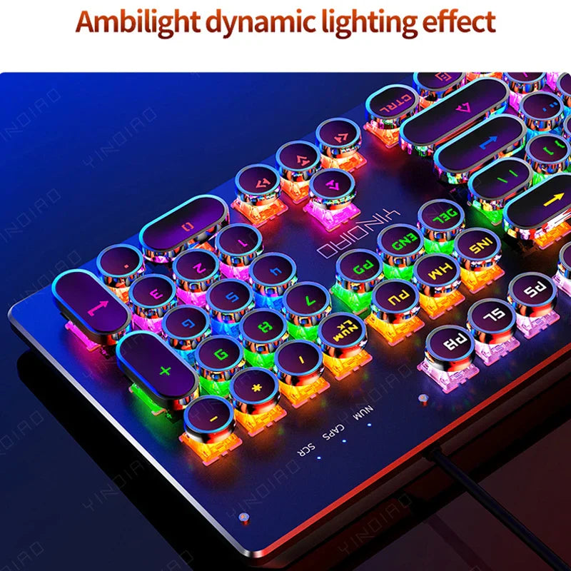 Retro punk mechanical gaming keyboard with round keys and vibrant RGB backlighting on a desk — view 2