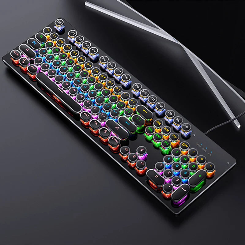 Retro punk mechanical gaming keyboard with round keys and vibrant RGB backlighting on a desk — view 4