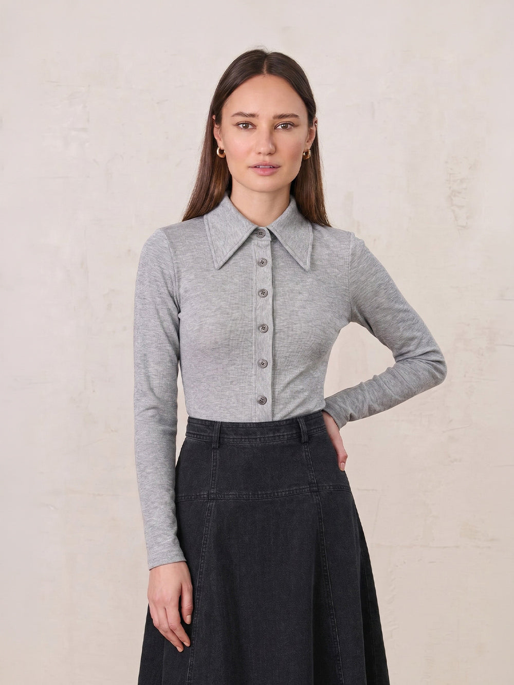 Ribbed Button Down Shirt-Heathered Grey-0