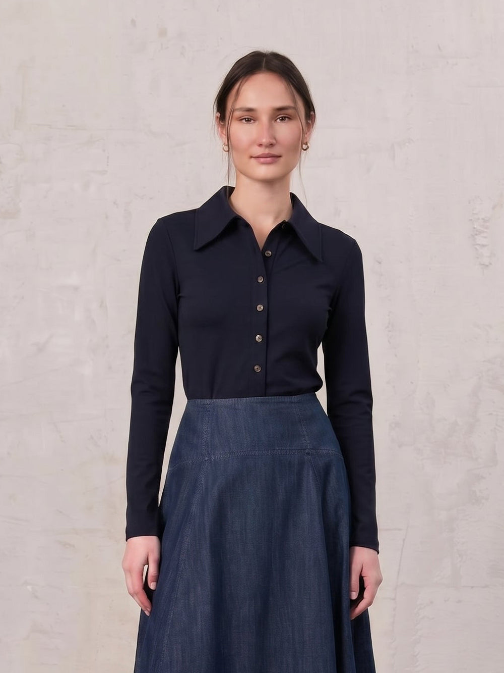 Ribbed Button Down Shirt-Navy-0