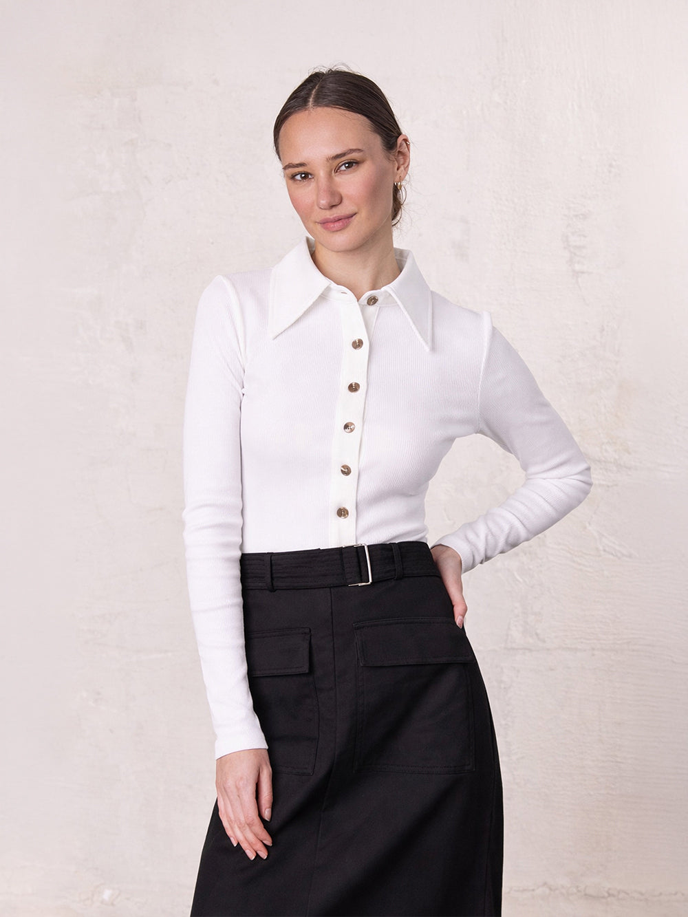 Ribbed Button Down Shirt-White-0