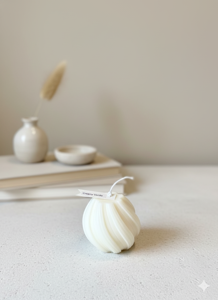Ribbed twirl candle in sculptural twisted design, made of white handcrafted eco-friendly soy wax — view 3