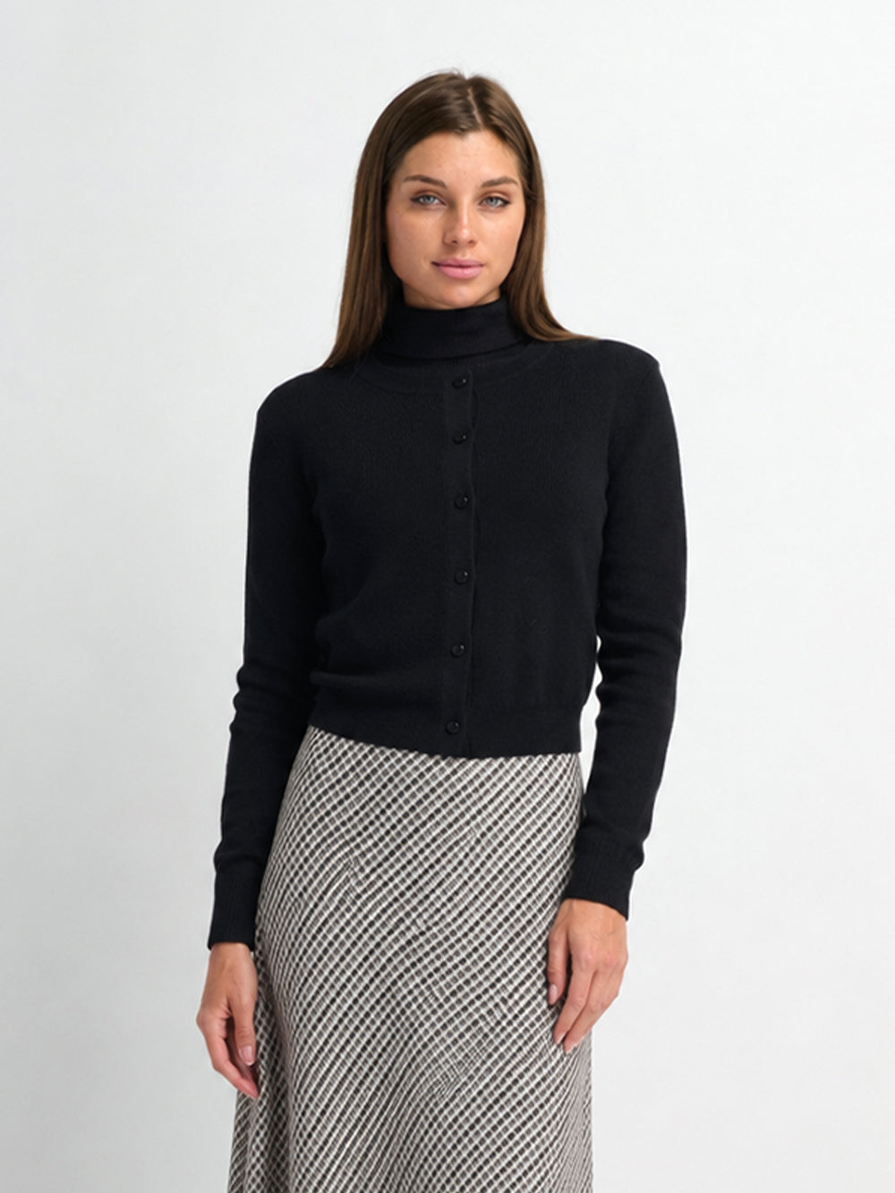 Ribbed Crew Neck Cardigan-Black-0