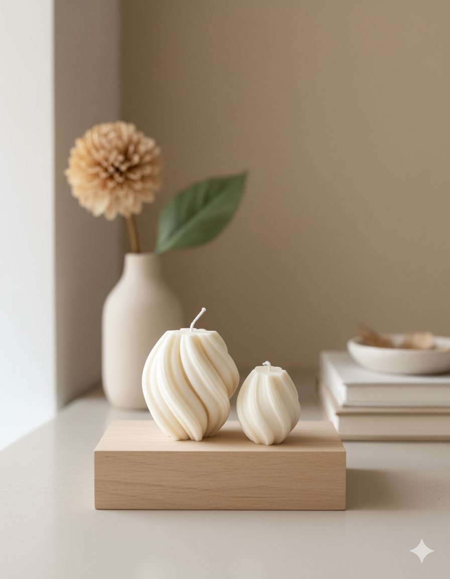 Ribbed twirl candle in sculptural twisted design, made of white handcrafted eco-friendly soy wax — view 2