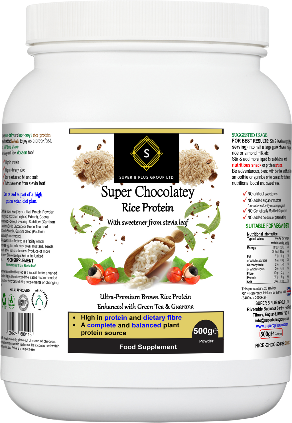 Super chocolatey rice protein powder in a 500g eco-friendly tub for muscle recovery and wellness