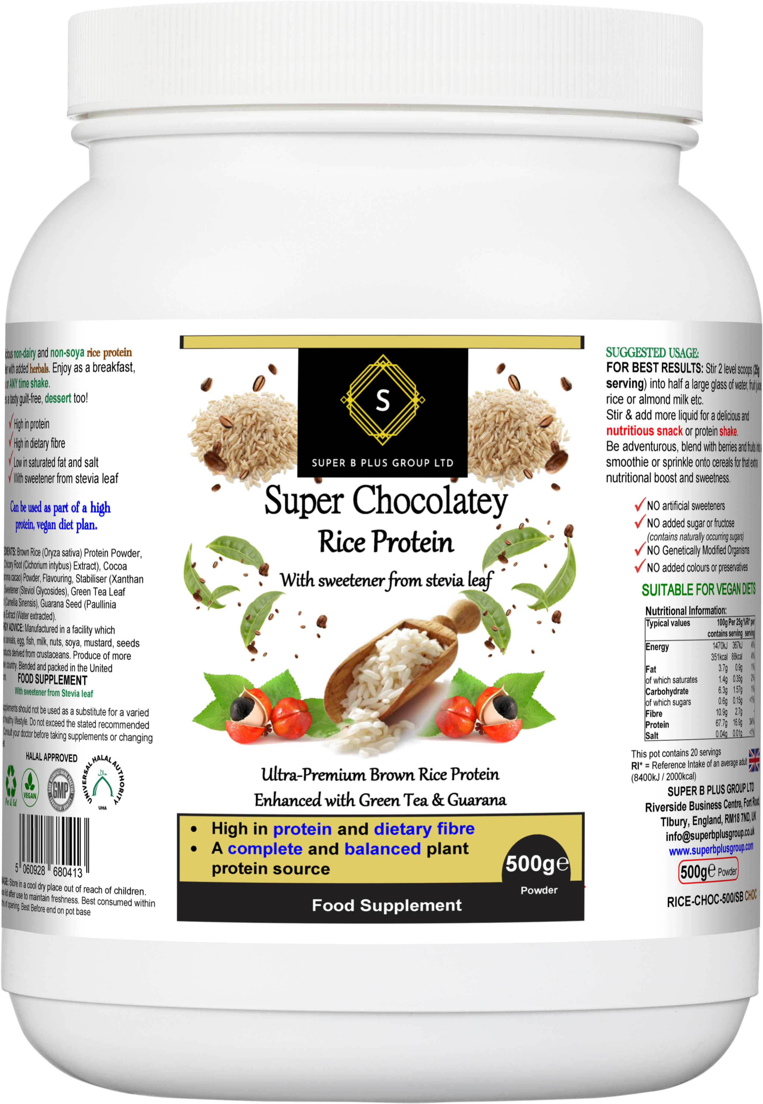 Super chocolatey rice protein powder in a 500g eco-friendly tub for muscle recovery and wellness