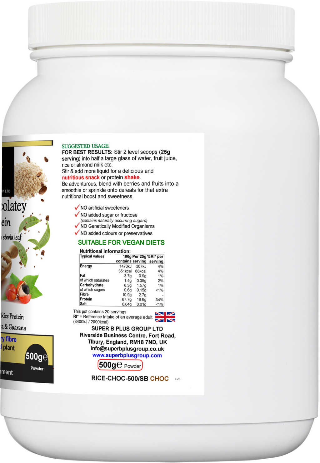 Super chocolatey rice protein powder in a 500g eco-friendly tub for muscle recovery and wellness — view 3