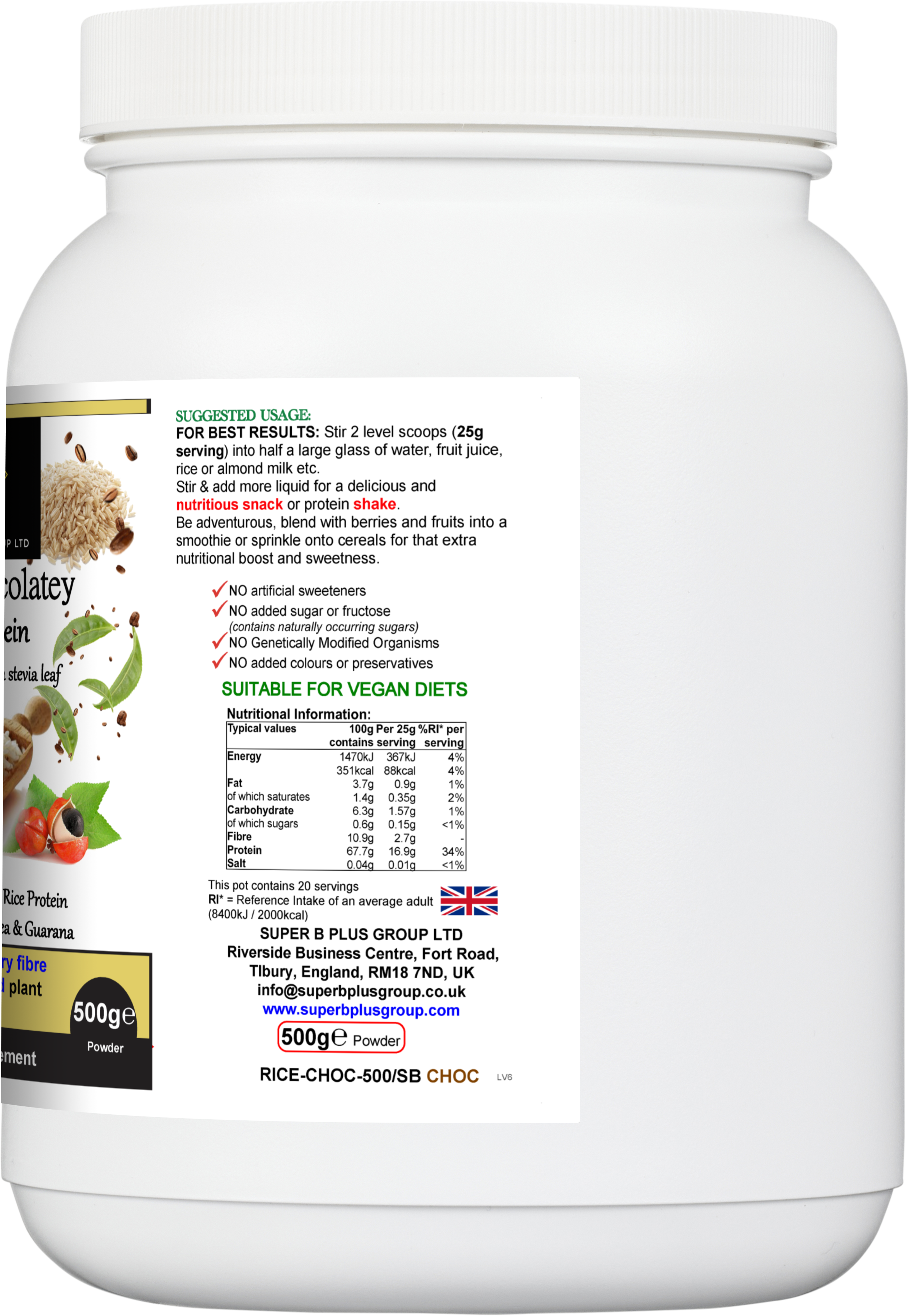 Super chocolatey rice protein powder in a 500g eco-friendly tub for muscle recovery and wellness — view 3