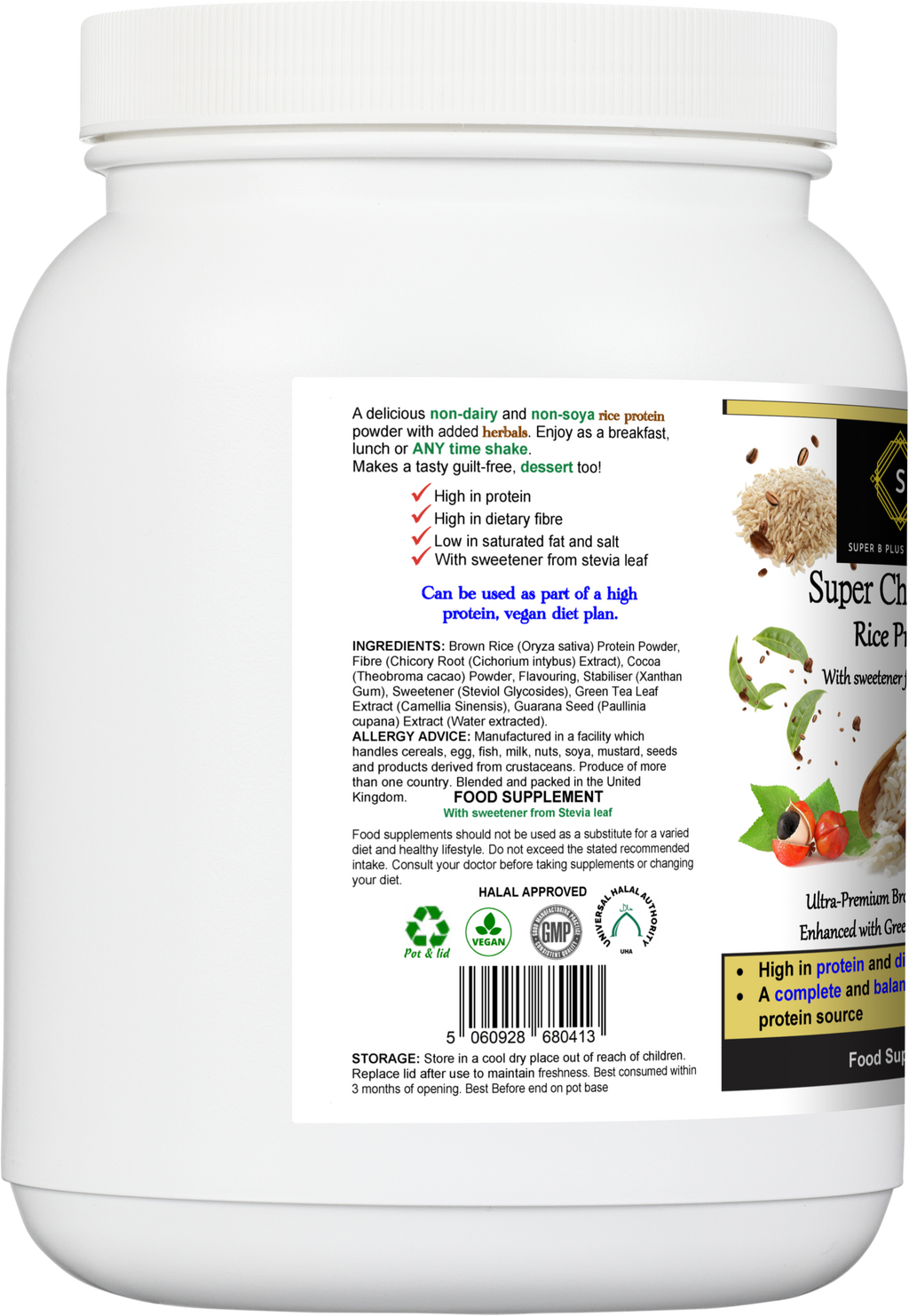 Super chocolatey rice protein powder in a 500g eco-friendly tub for muscle recovery and wellness — view 2