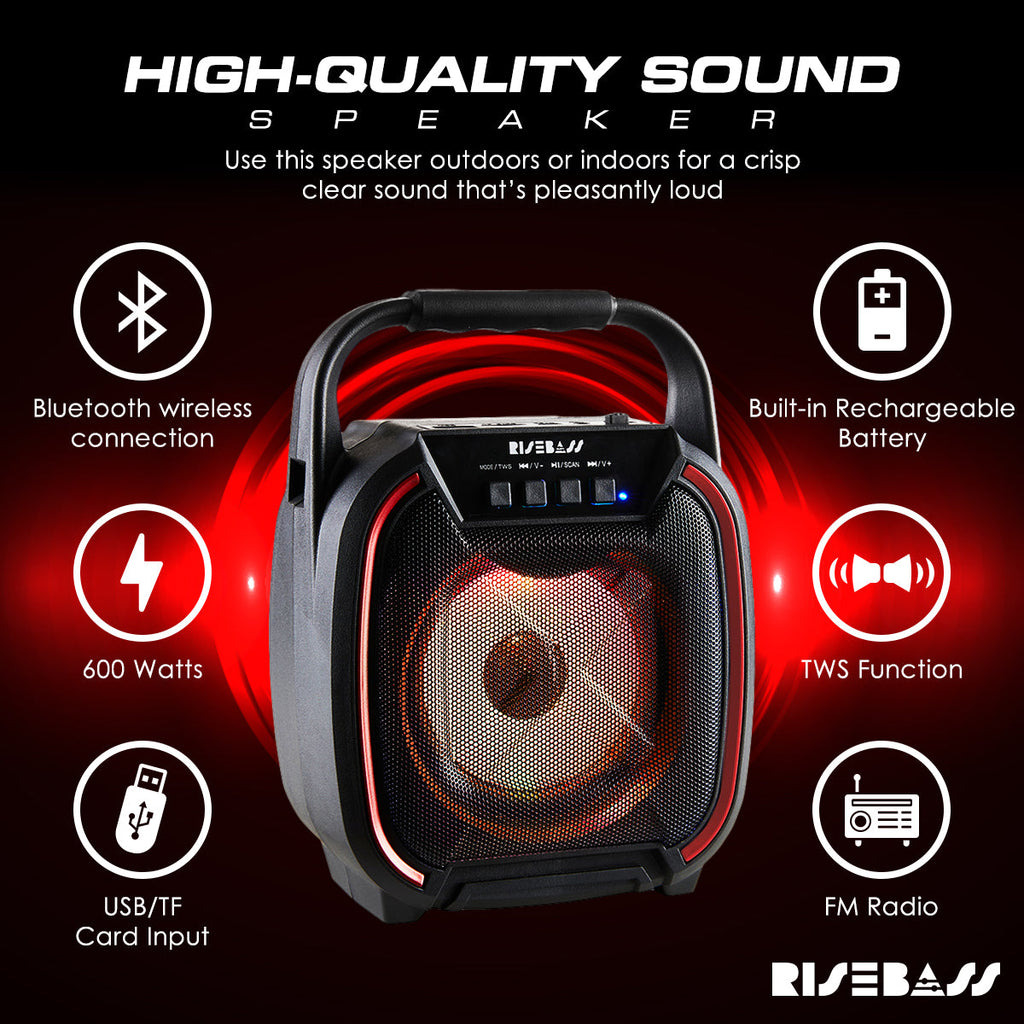 8-inch wireless Bluetooth speaker in black with colorful LED lights and portable carrying handle — view 4