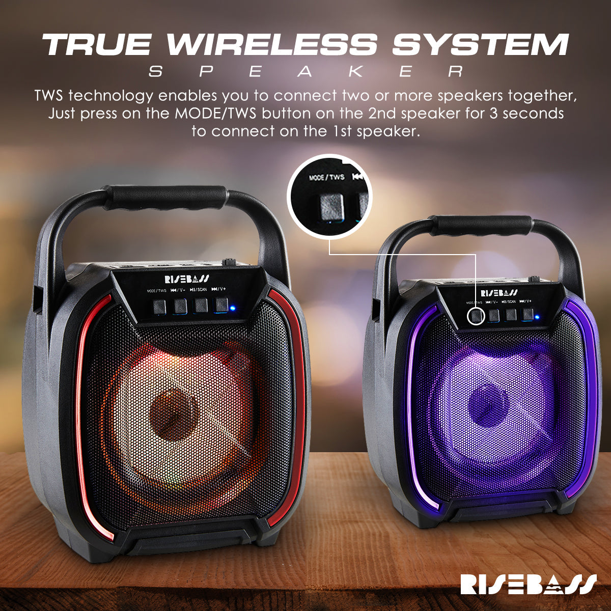 8-inch wireless Bluetooth speaker in black with colorful LED lights and portable carrying handle — view 5