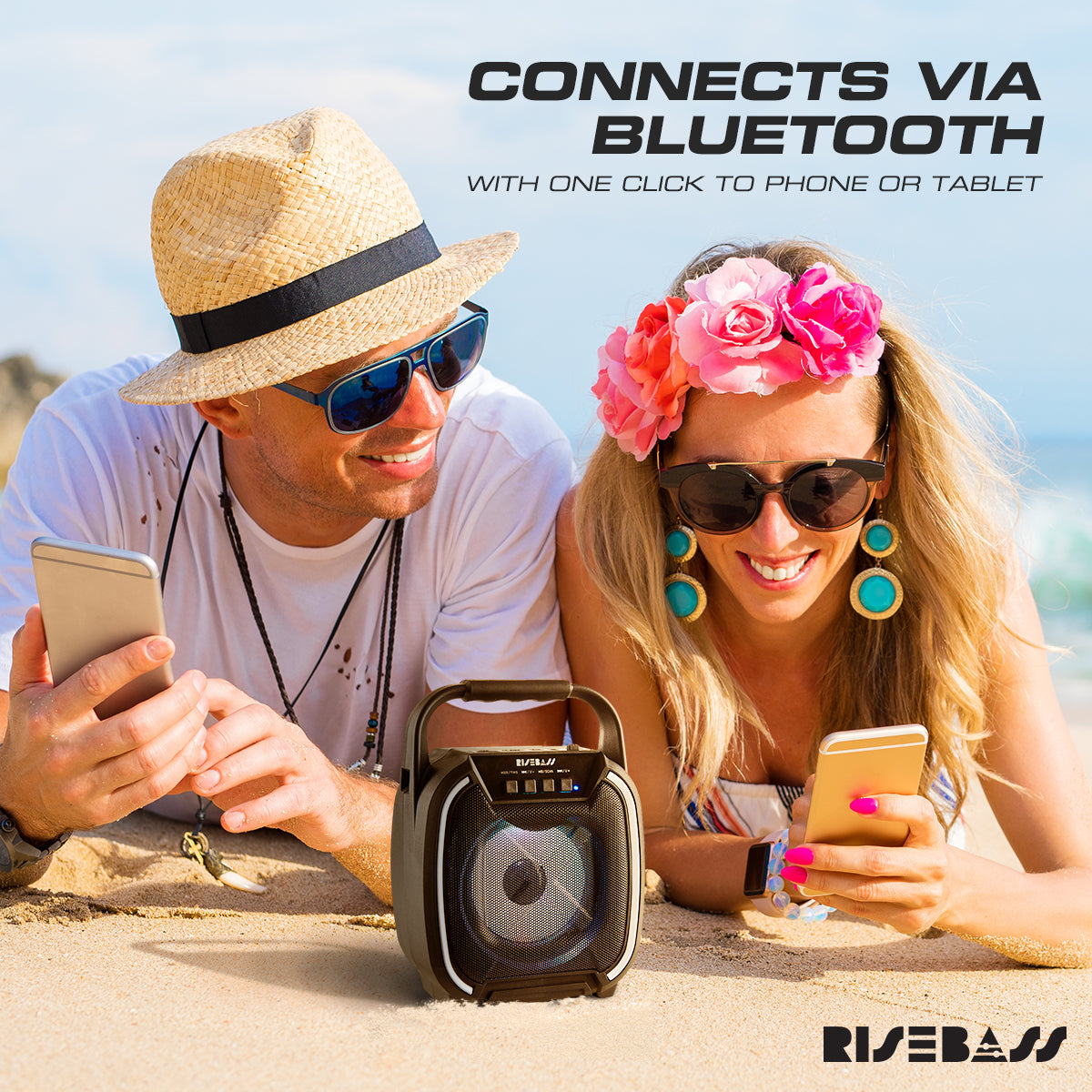 8-inch wireless Bluetooth speaker in black with colorful LED lights and portable carrying handle — view 2