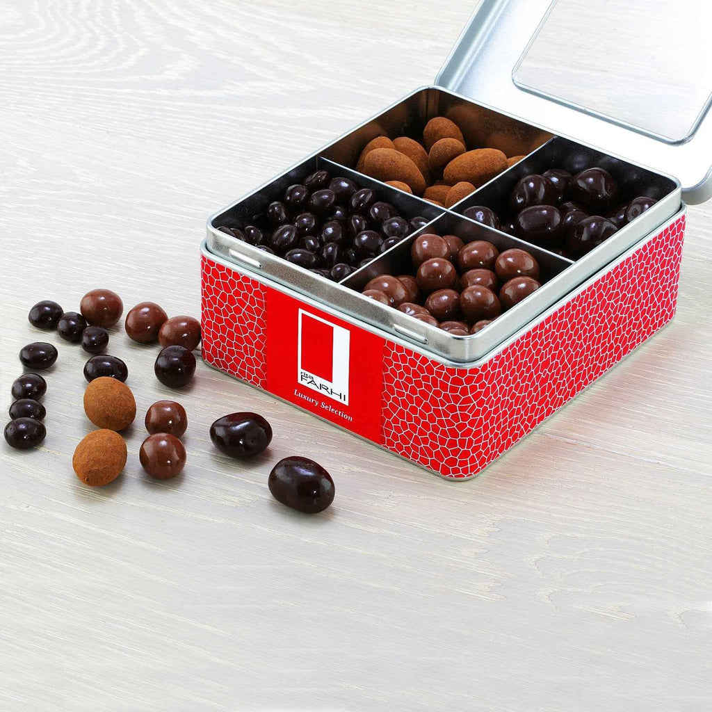 Luxury assorted chocolate-coated fruits and nuts presented in an elegant, reusable 850g gift tin — view 3