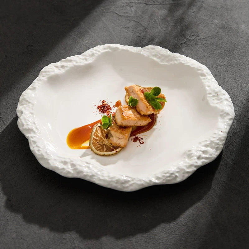 Rock pattern ceramic plate in soft matte finish, modern flat shallow dining dish with skirted edge