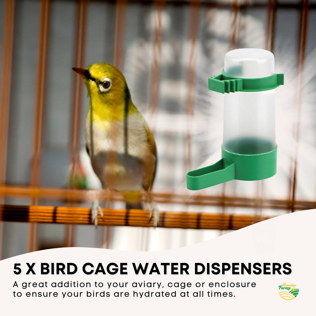 Five pack of clear and green plastic bird water dispensers with cage mounting clips — view 2