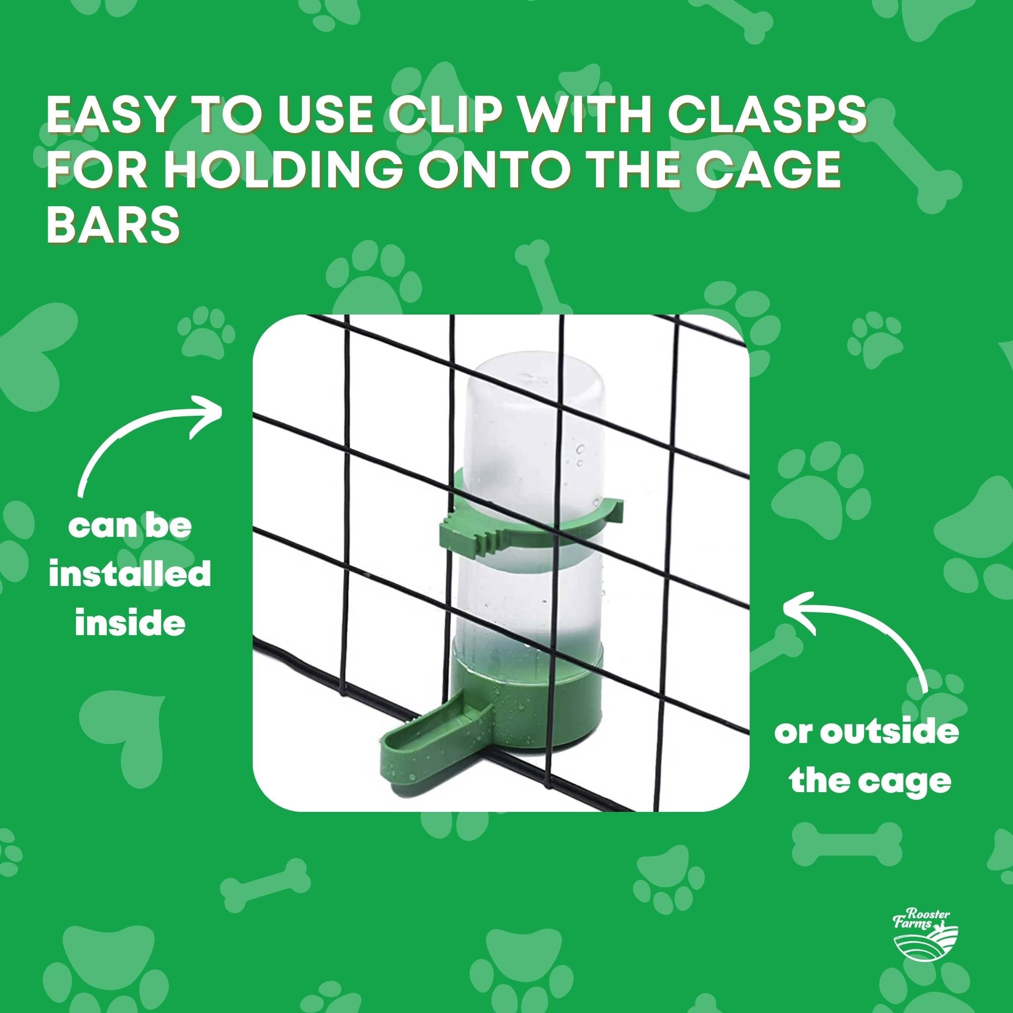 Five pack of clear and green plastic bird water dispensers with cage mounting clips — view 5