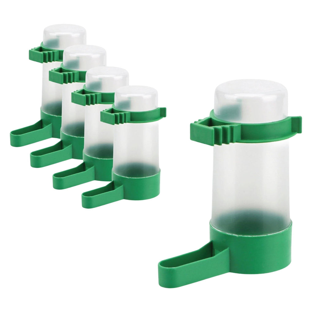 Five pack of clear and green plastic bird water dispensers with cage mounting clips