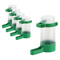 Five pack of clear and green plastic bird water dispensers with cage mounting clips