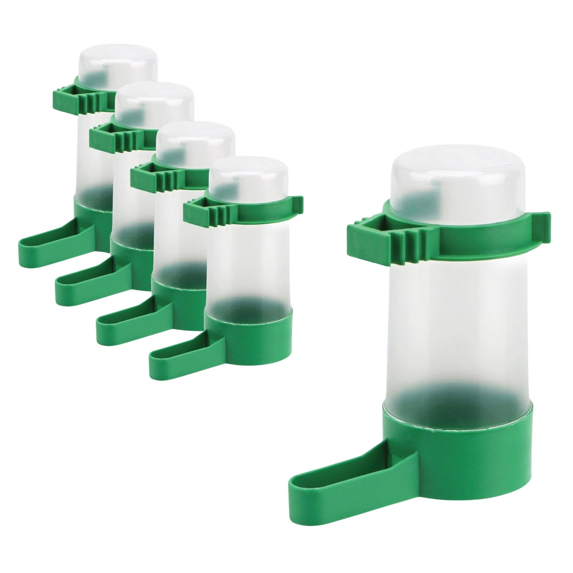 Five pack of clear and green plastic bird water dispensers with cage mounting clips