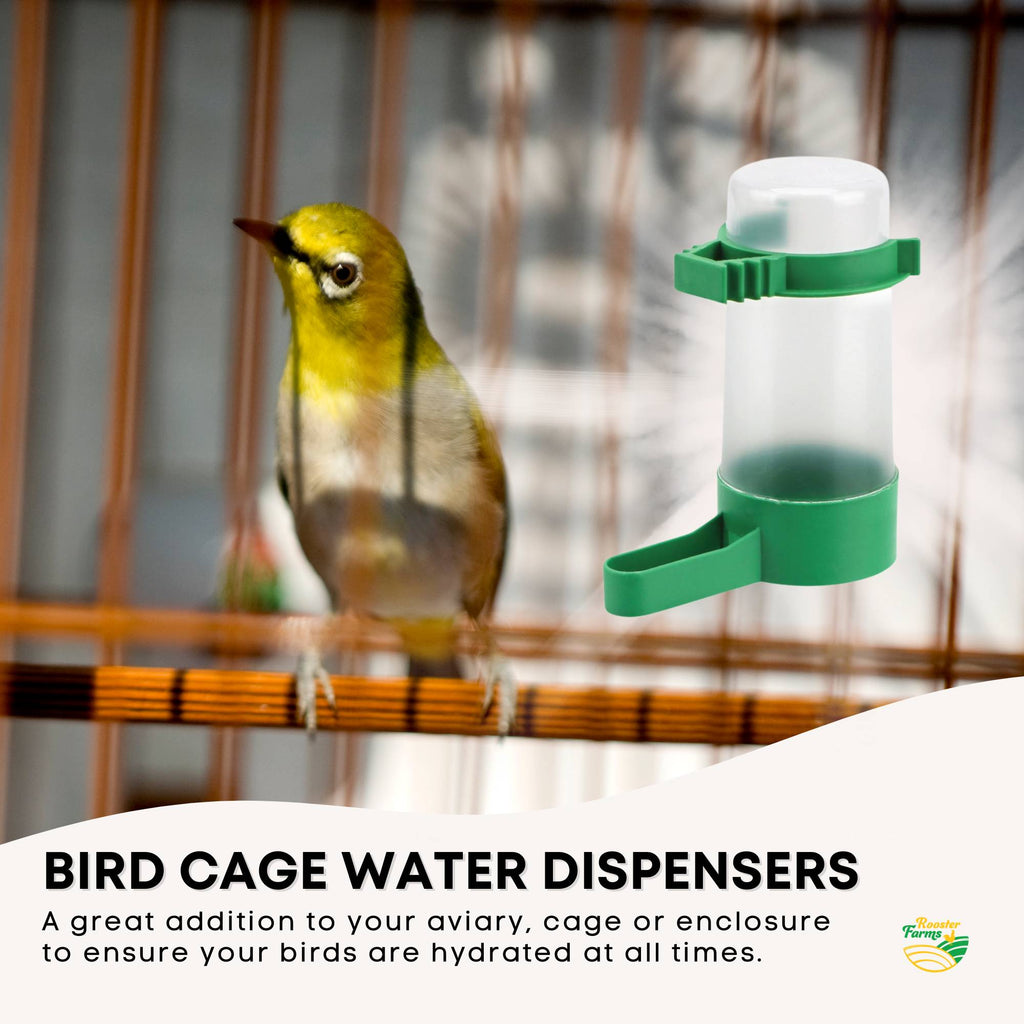 Automatic bird cage water dispenser in clear and green plastic with adjustable mounting clips — view 2
