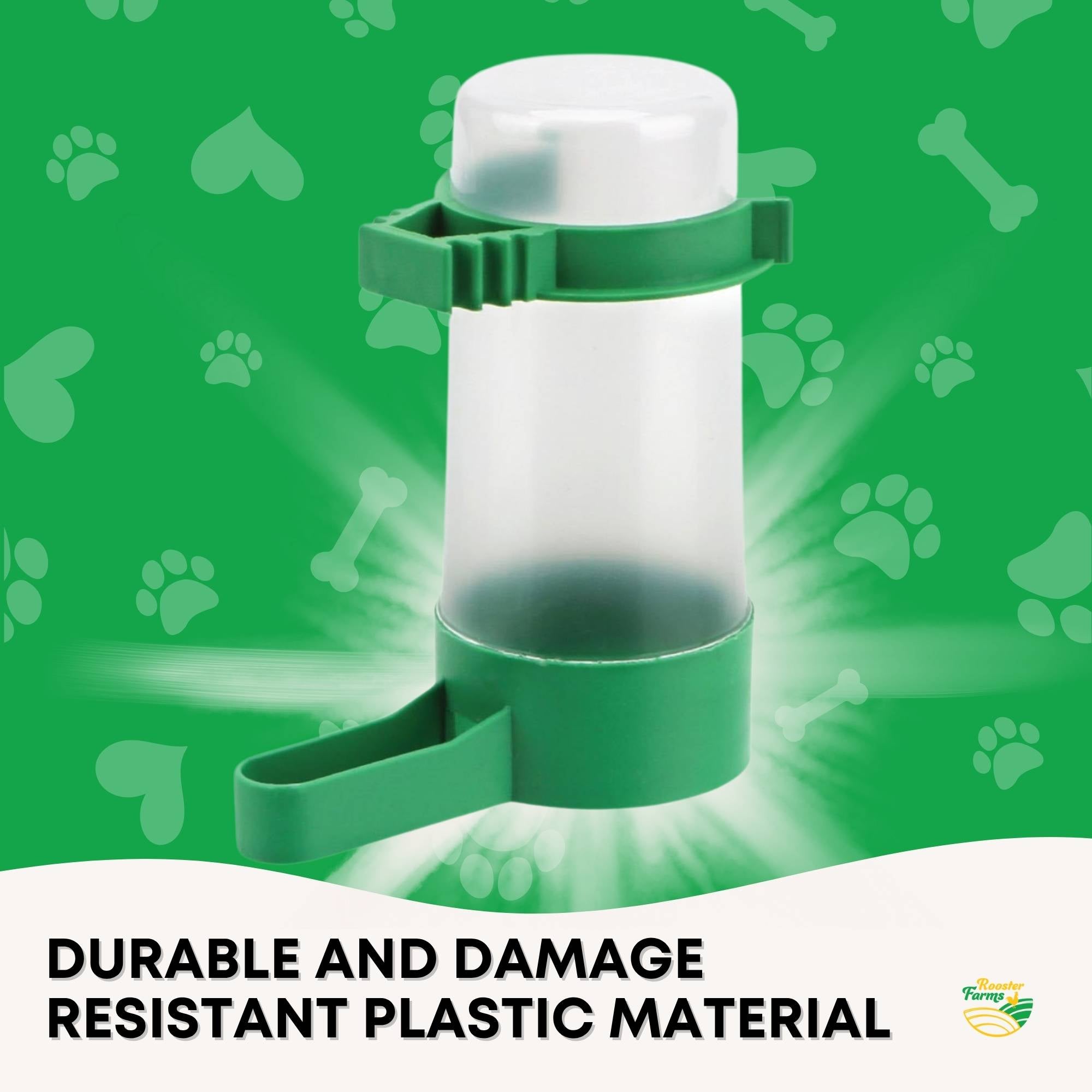 Automatic bird cage water dispenser in clear and green plastic with adjustable mounting clips — view 4