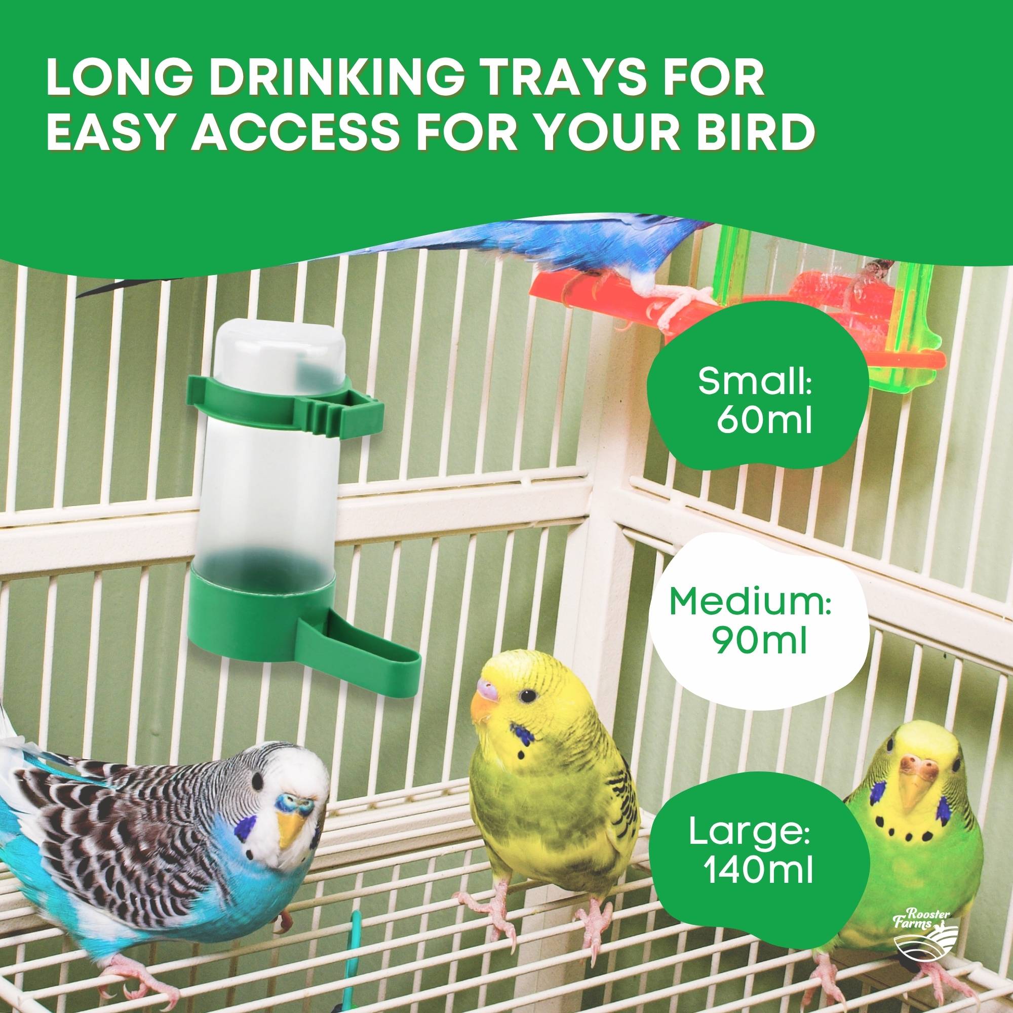 Automatic bird cage water dispenser in clear and green plastic with adjustable mounting clips — view 5