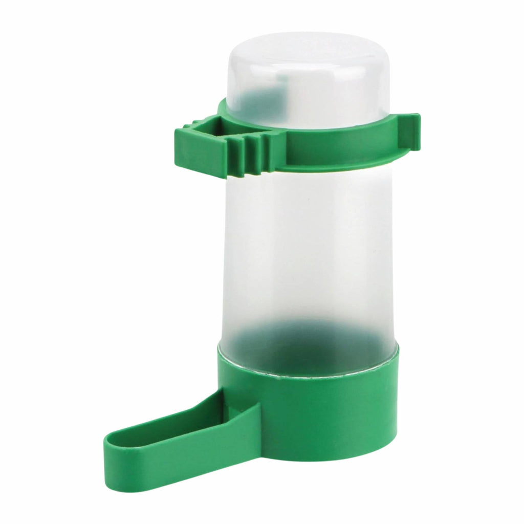 Automatic bird cage water dispenser in clear and green plastic with adjustable mounting clips