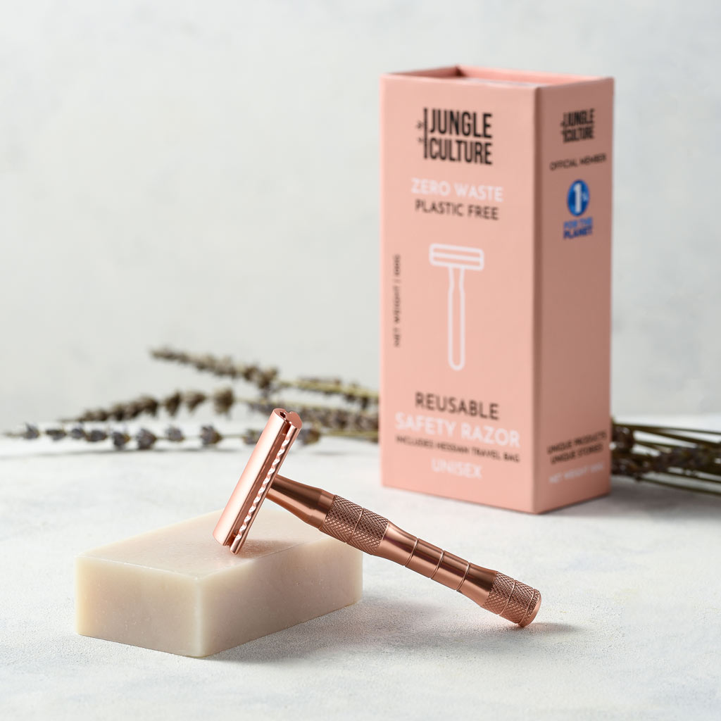 Reusable metallic safety razor with a thick handle available in rose gold or black finishes — view 4