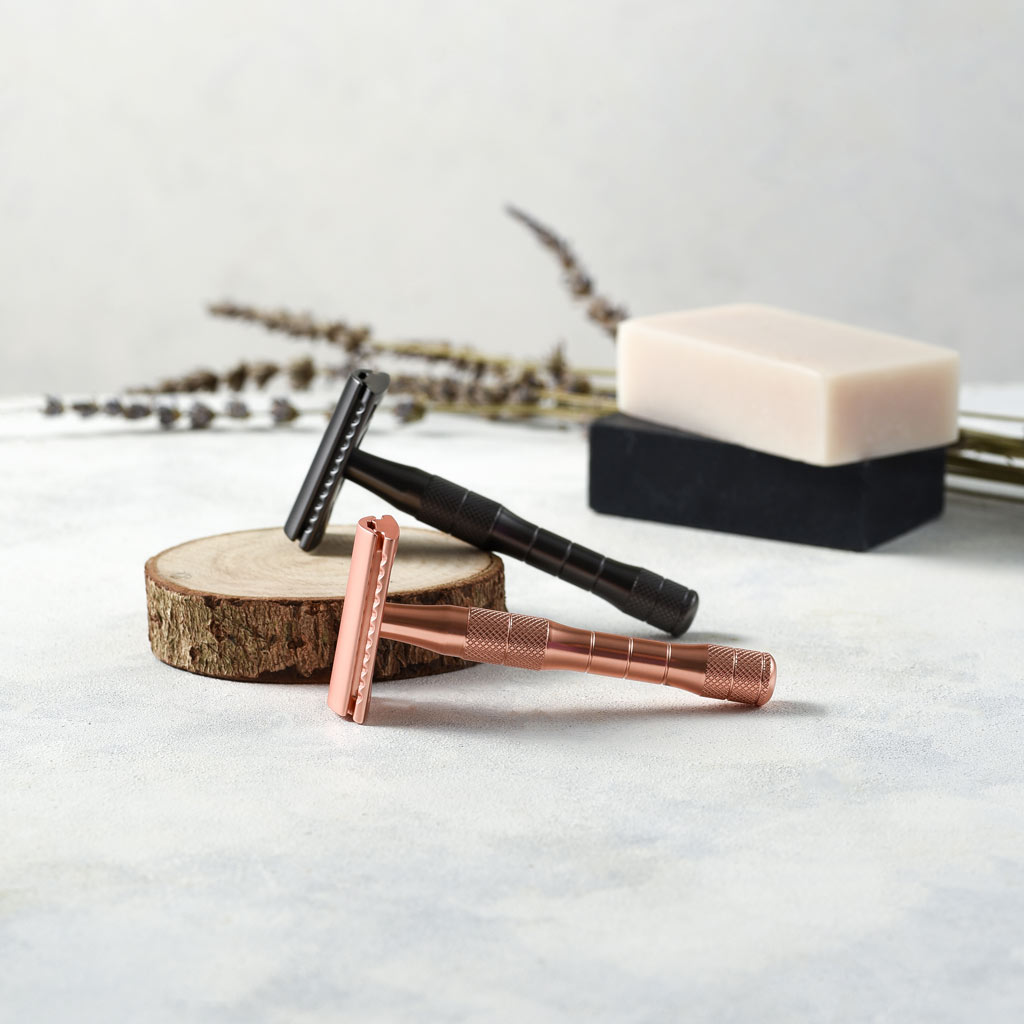 Reusable metallic safety razor with a thick handle available in rose gold or black finishes — view 5