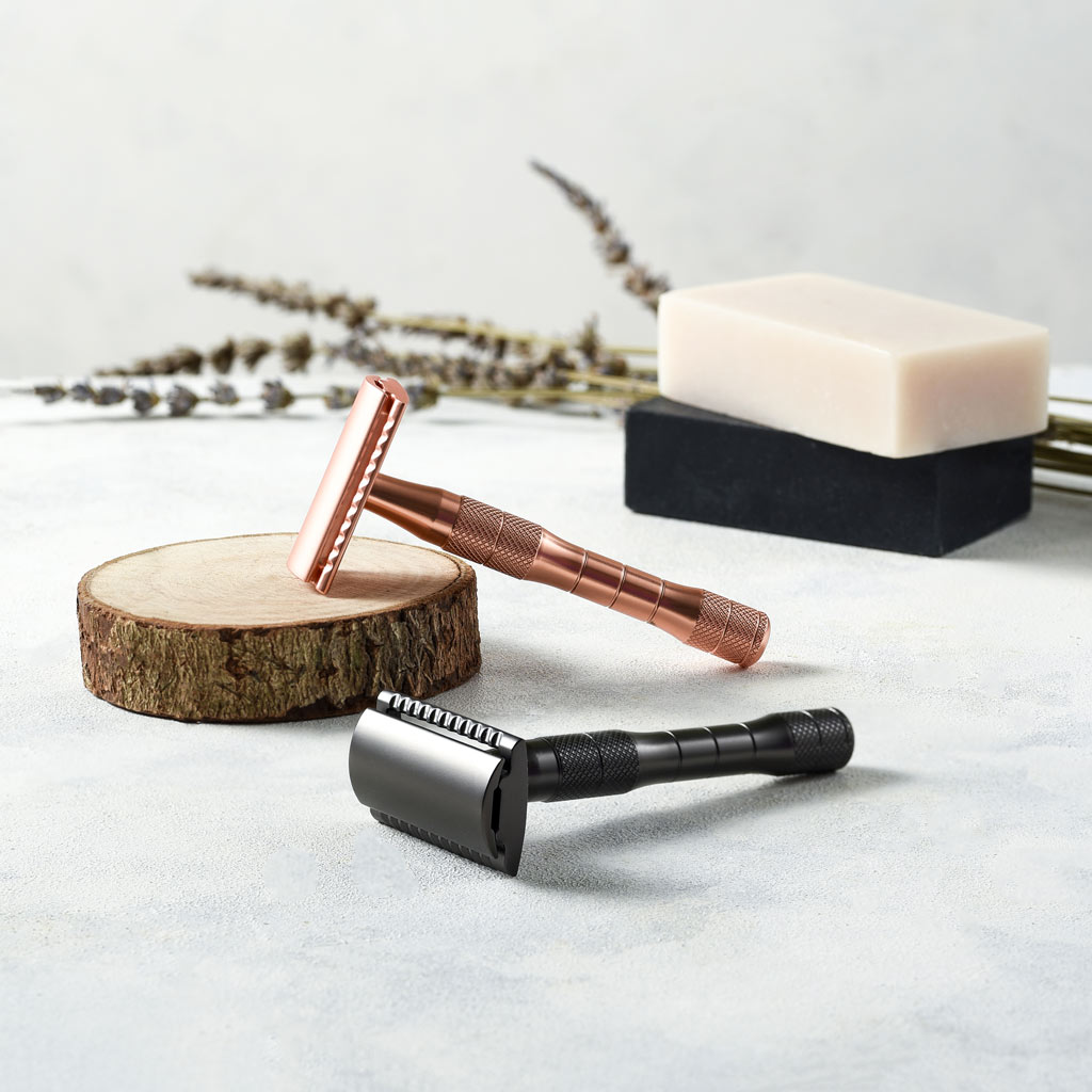 Reusable metallic safety razor with a thick handle available in rose gold or black finishes — view 2