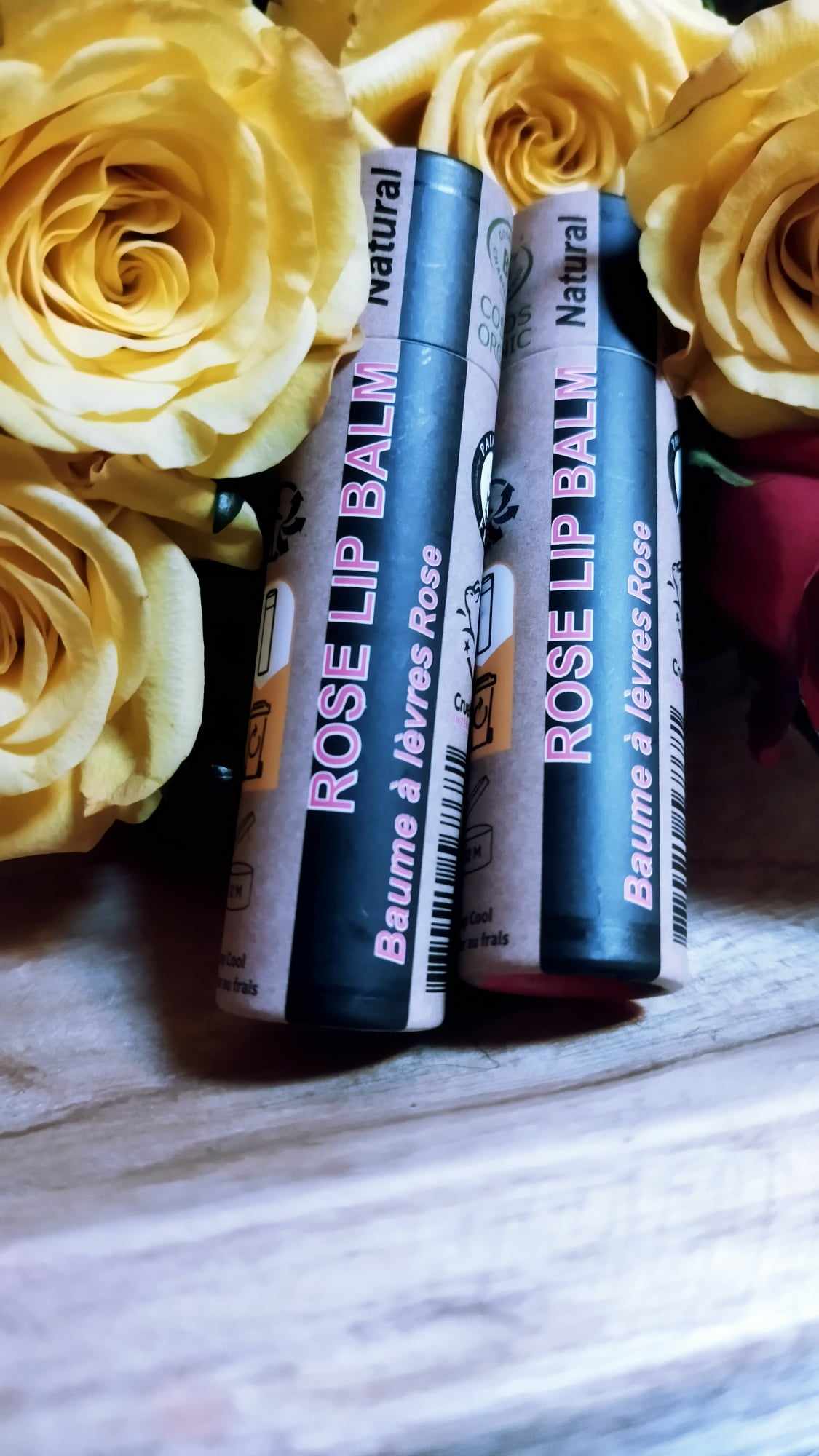 Organic rose lip balm in eco-friendly push-up paper tube packaging with natural ingredients. — view 2