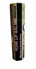 Organic rose lip balm in eco-friendly push-up paper tube packaging with natural ingredients.