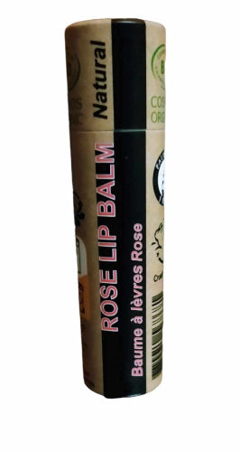Organic rose lip balm in eco-friendly push-up paper tube packaging with natural ingredients.