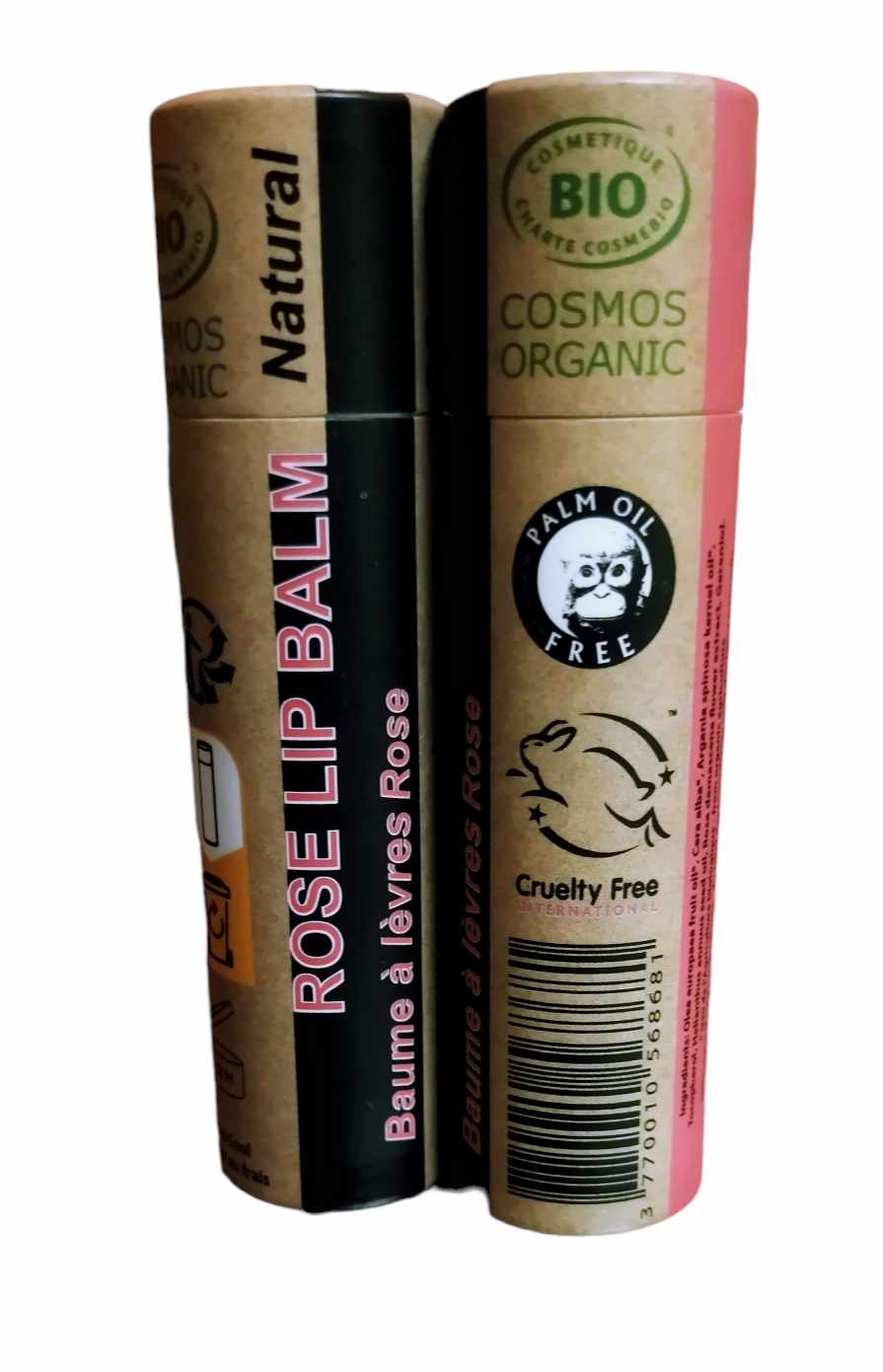 Organic rose lip balm in eco-friendly push-up paper tube packaging with natural ingredients. — view 3