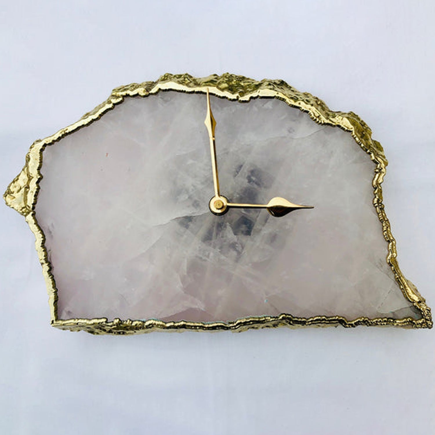 Large natural pink rose quartz desk and wall clock with electroplated gold metallic edges